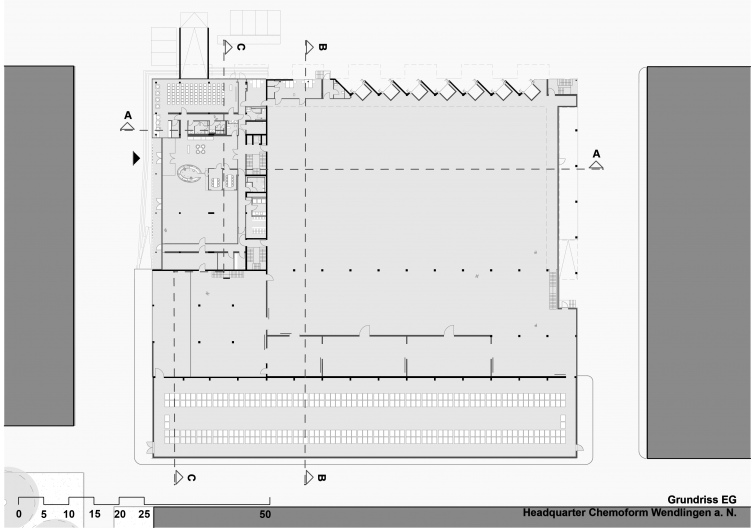 Headquarter Chemoform, Grundriss Ebene 0, M 1:500