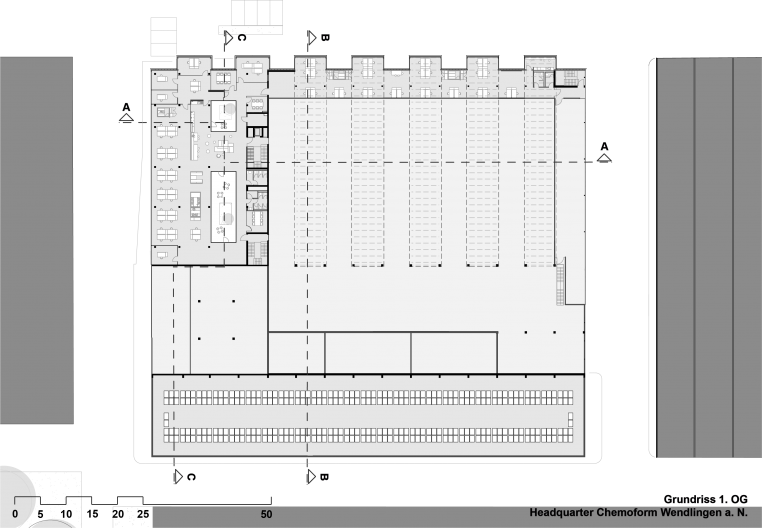 Headquarter Chemoform, Grundriss Ebene 1, M 1:500