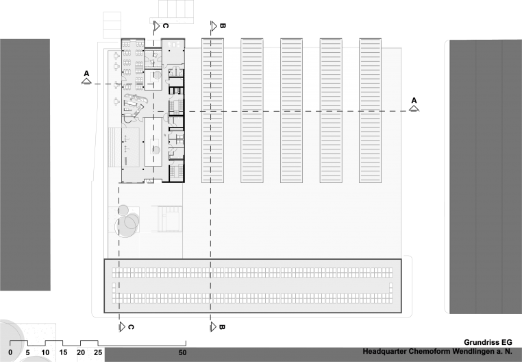 Headquarter Chemoform, Grundriss Ebene 2, M 1:500