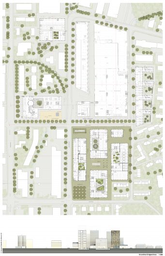 TechCluster VZug Testplanung Grundrisse M 1:500 mit Umfeld und Quartiersschnitt